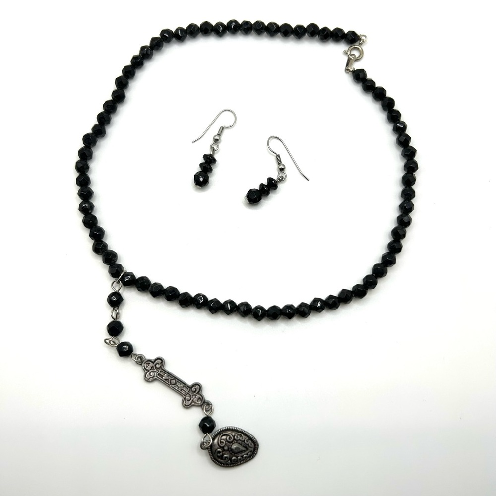 Vintage 80s Black Glass Beaded Necklace and Earring Set